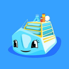 Cute ferry or cruise liner eyes and smile. Marine transport cartoon vector illustration. Oceanic cruiseliner character