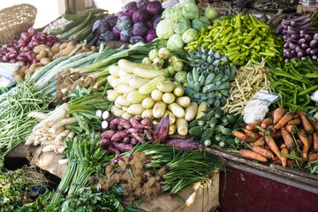 Traditional market in Asia with a variety of fruits and vegetables from farms and jungles. Sales business background in Sri Lanka. Stock photo