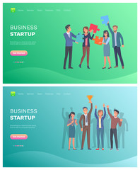 Business startup, teamwork of solution to problem and company success, puzzle and golden award. Employees portrait view, partnership of workers vector. Team work on new startup idea than winning