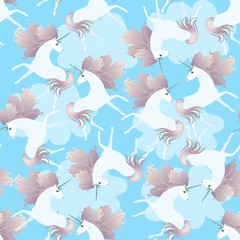 Fototapeta na wymiar Seamless background with cute unicorns with manes in form of viburnum leaves frolic in blue sky among white clouds. Print for fabric, wallpaper.