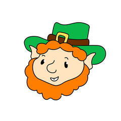 Leprechaun character head in green hat. St Patrick Day maskot or symbol. Smiling Leprechaun in red beard and green hat