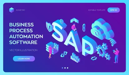 Foto op Plexiglas SAP Business process automation software. ERP enterprise resources planning system concept. Technology process of Software development. Isometric vector Illustration with icons and characters. © iuriimotov