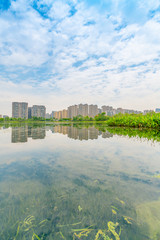 Architectural scenery around Jincheng Lake Park in Chengdu, Sichuan Province, China