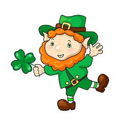 Happy Leprechaun with clover, St Patrick's Day vector illustration on white background. Funny dwarf in green shamrock.