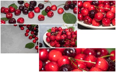 Photo collage of Sweet Cherries on a gray background in a metal mug with green leaves. 