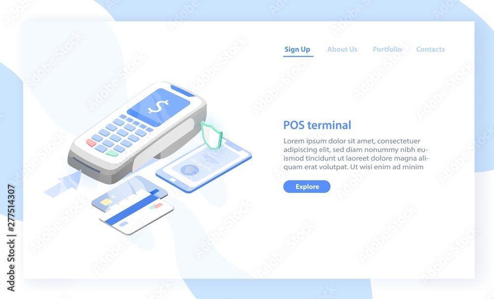 Poster landing page template with point of sale, electronic terminal or reader and credit cards. contactles