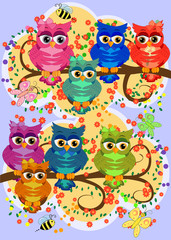 Naklejka premium Three cute colorful cartoon owls sitting on tree branch with flowers. Funny sticker of birds on white background.