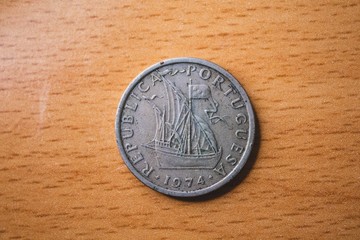 Old Portuguese money coin. Banco de Portugal. Escudos were the money from Portugal before Euro. 