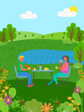 Man and woman relaxing by pond vector, couple eating prepared food by lake, hills and sunshine, flora blooming flowers and bushes, people on date