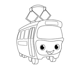 Cute tram vector illustration. Black line transport isolated on white background. Smiling trolley wagon icon.
