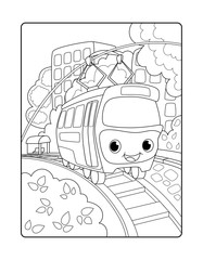 Cute tram in urban landscape. Urban landscape vertical vector coloring page for children. Smiling trolley wagon.