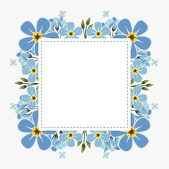 Floral greeting card and invitation template for wedding or birthday anniversary, Vector square shape of text box label and frame, Blue flowers wreath ivy style with branch and leaves.