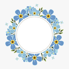 Obraz premium Floral greeting card and invitation template for wedding or birthday anniversary, Vector circle shape of text box label and frame, Blue flowers wreath ivy style with branch and leaves.
