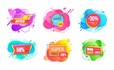 Set of watercolor sale labels on abstract liquid shapes isolated. Mega discounts and final price, special offer percent off promo adverts on color tags
