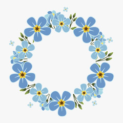 Fototapeta na wymiar Floral greeting card and invitation template for wedding or birthday anniversary, Vector circle shape of text box label and frame, Blue flowers wreath ivy style with branch and leaves.