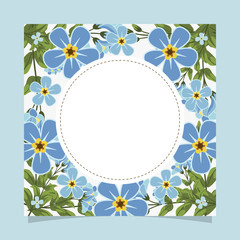 Floral greeting card and invitation template for wedding or birthday anniversary, Vector circle shape of text box label and frame, Blue flowers wreath ivy style with branch and leaves.