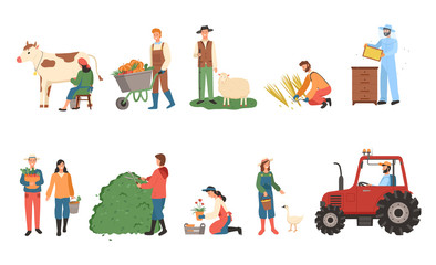 People farming vector, man and woman with basket and fruits, carriage with pumpkins, male with sheep and farmer lady with cow, tractor machinery set