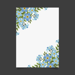Common size of floral greeting card and invitation template for wedding or birthday anniversary, Vector shape of text box label and frame, Blue flowers wreath ivy style with branch and leaves.