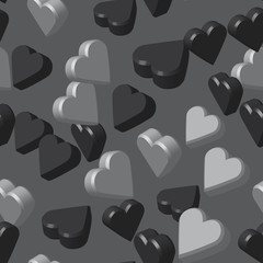 Gray Black Colors Hearts Seamless Pattern, 3D Illustration