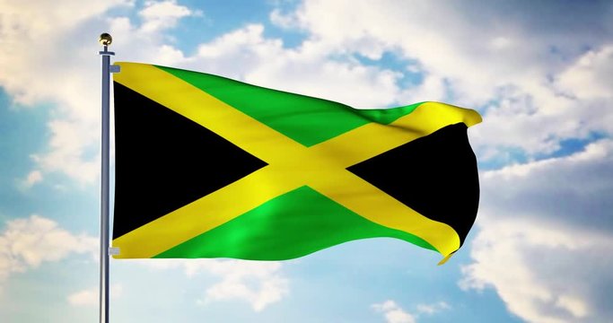Jamaican flag waving in the wind shows jamaica symbol of patriotism - 4k 3d render