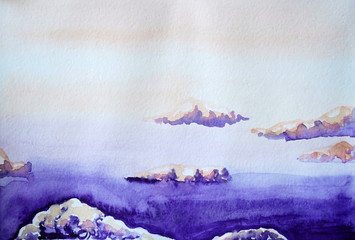 Drawing of bright purple sky, violet clouds