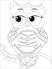 Coloring book for adult and older children. Coloring page with cute owl and flowers. Outline drawing in zentangle style