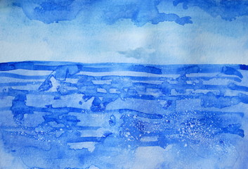 Drawing of bright blue sea, sky clouds