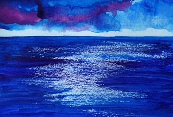 Drawing of bright blue sea, sky violet clouds