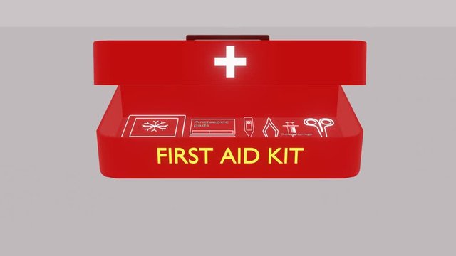 Light background. Red suitcase / red first-aid kit opens. Infographics, check sheet: smooth appearance of bright, glowing neon inscriptions and icons: ointments and medicine, bandages, tools and equip
