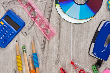 Assortment of various school items. Frame with office supplies. Flat lay, top view.