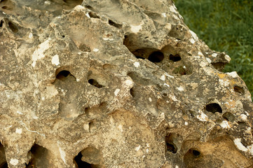 A large boulder with holes. The nature of the stone.