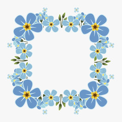 Floral greeting card and invitation template for wedding or birthday anniversary, Vector square shape of text box label and frame, Blue flowers wreath ivy style with branch and leaves.