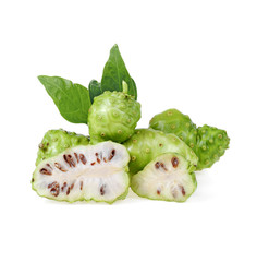 Noni or Morinda Citrifolia and slice isolated on white background.