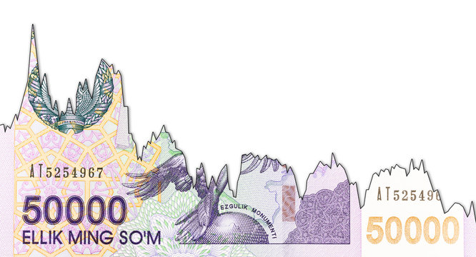 50000 Uzbek Som banknote obverse decline graph indicating exchange rate with copyspace