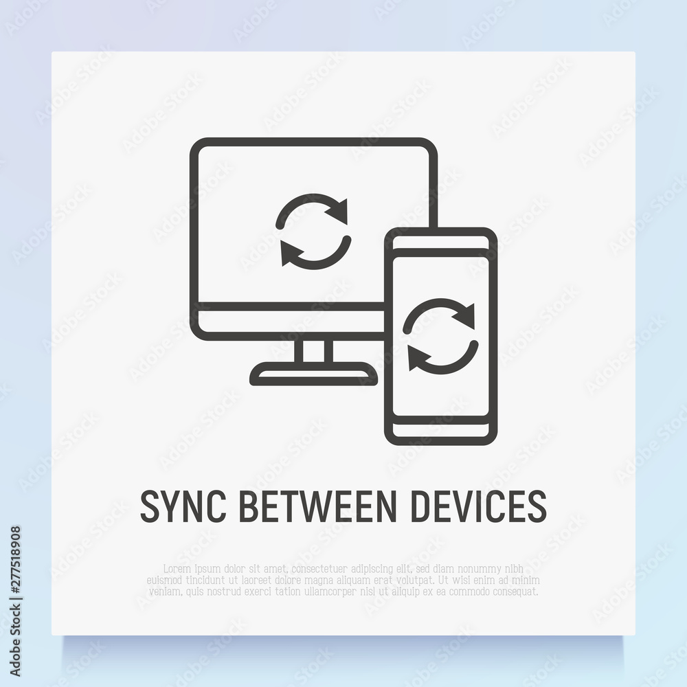 Wall mural sync between devices: computer and smartphone. data transfer. thin line icon. modern vector illustra