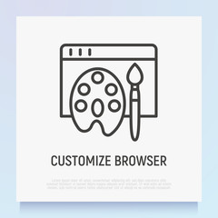 Customize browser thin line icon: web page with paint palette and brush. Modern vector illustration.