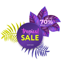 Summer sale banner modern design tropical leaves background. Tropical summer banner. Price discount offer design. 