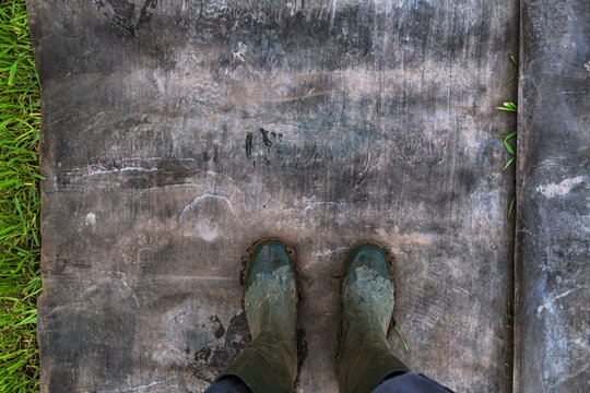 Top View Of Farmer Wearing Dirty Rubber Boots