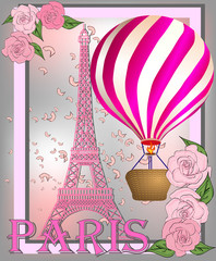 Fototapeta na wymiar Vintage France poster design. romantic background with Eiffel tower and roses.