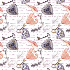 Vintage background - hearts, old keys and feathers. Seamless pattern with hand written letters. Watercolor