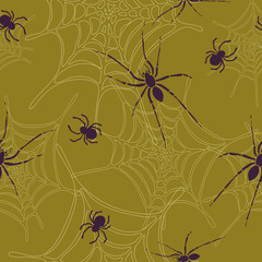 Spiders and spider web seamless pattern on brown background