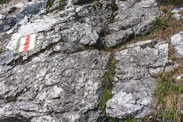 Red trail - a sign on the rock. Western Carpathians, Slovakia, Little Fatra.