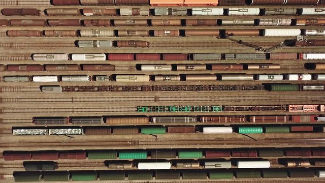 Railway switching Yard with many parallel railroad tracks, top down view