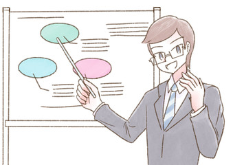 セミナー 人物 ホワイトボード メガネ