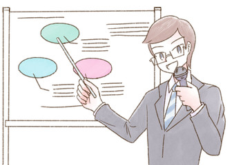 セミナー 人物 ホワイトボード メガネ