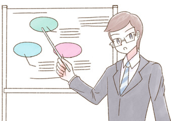 セミナー 人物 ホワイトボード メガネ