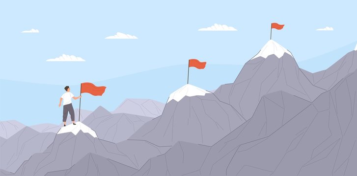 Office worker climbing up mountains or cliffs and moving to final destination point. Concept of gradual business development, successive steps to goal achievement. Flat cartoon vector illustration.