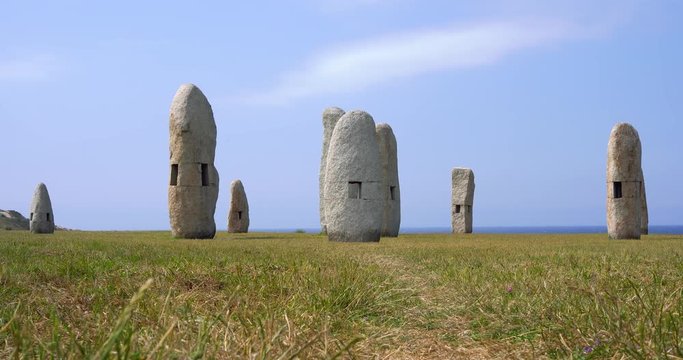 Menhires and dolmenes in Parque Escult&oacute;rico de la Torre de H&eacute;rcules de La Coru&ntilde;a - Ciudad Portuaria - 4k - A coruna - Monument