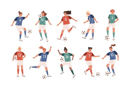 Collection of funny female football players isolated on white background. Bundle of cute happy women playing soccer. Set of teenage girls kicking ball. Flat cartoon colorful vector illustration.