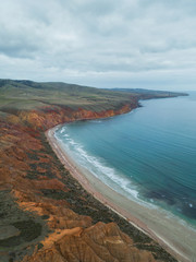 Aerial view of Sellicks Beach, South Australia coastline on a cloudy day.